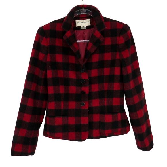 90s Vintage Evan Picone Vintage Red Buffalo Plaid Coat Medium Retro - Picture 1 of 5